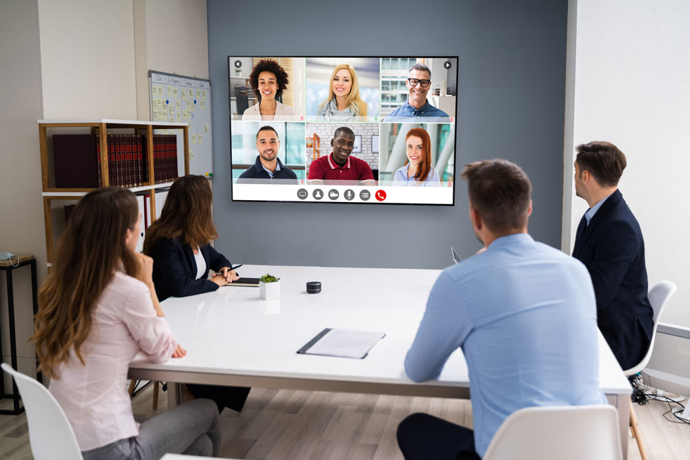 Team virtual meeting in an office